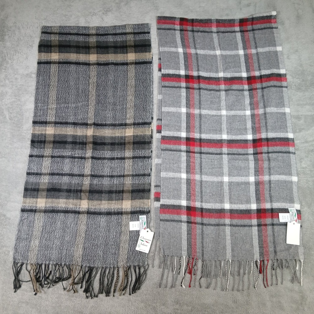 L'Accessorio Italiano Scarf Set Unisex OS Plaid Grey Red Tan Acrylic Italy New